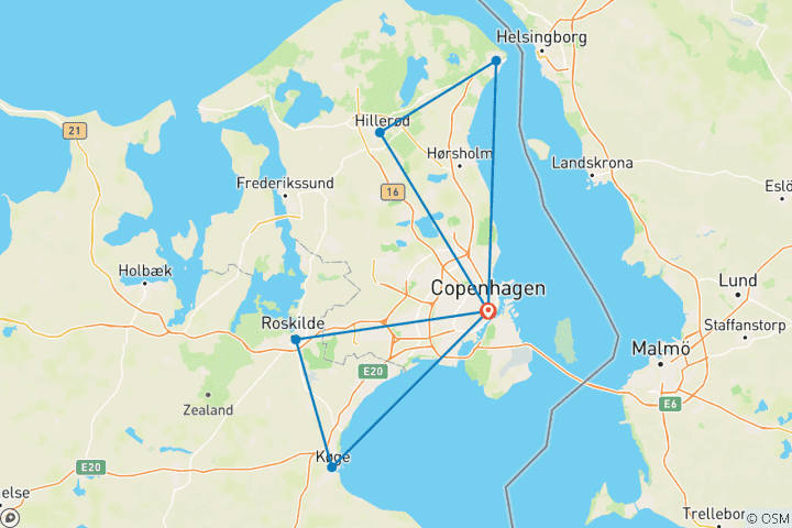 Carte du circuit Copenhague, au Danemark, et les sites classés au patrimoine mondial de l'UNESCO