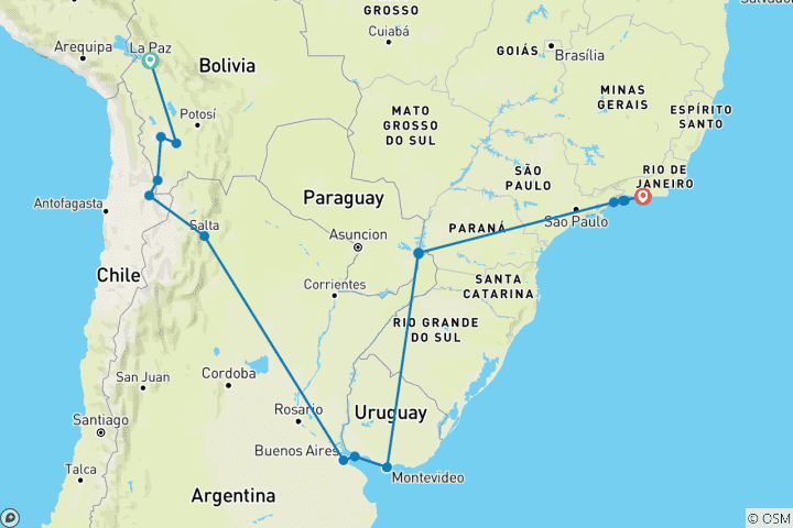 Carte du circuit De 18 à 35 ans : la Bolivie et le Brésil en toute authenticité (20 destinations)