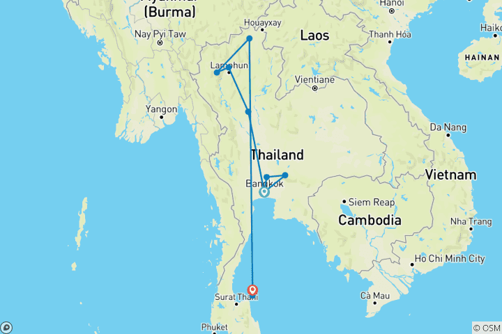 Mapa de Un recorrido por Tailandia lleno de cultura, naturaleza y el encanto de la costa: de Bangkok a Koh Phangan