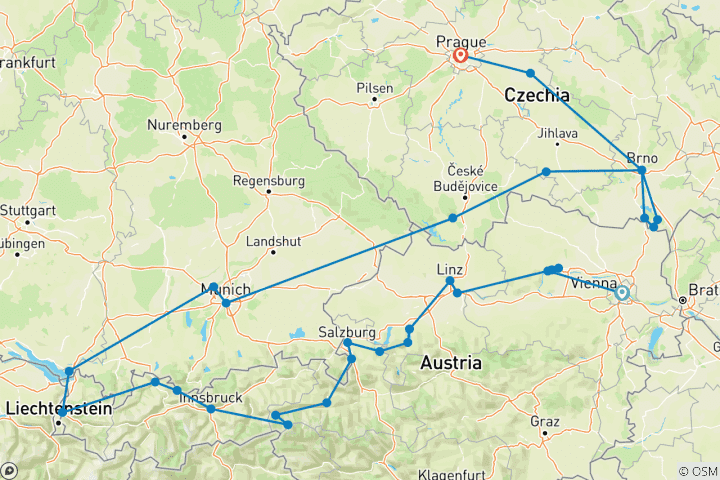 Karte von Österreich, Bayern und das zauberhafte Tschechien (31 Reiseziele)