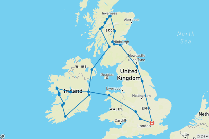Map of Extensive United Kingdom and Ireland (46 destinations)