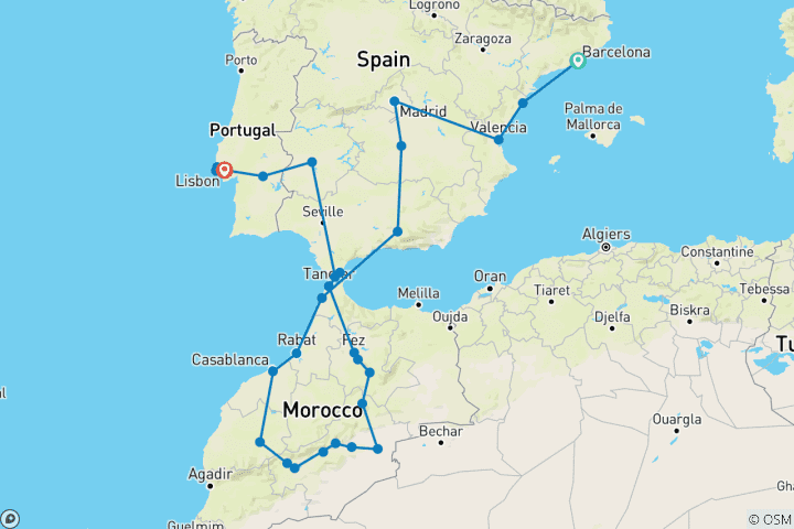 Kaart van Barcelona, Madrid, het mysterieuze Marokko en Lissabon (32 bestemmingen)