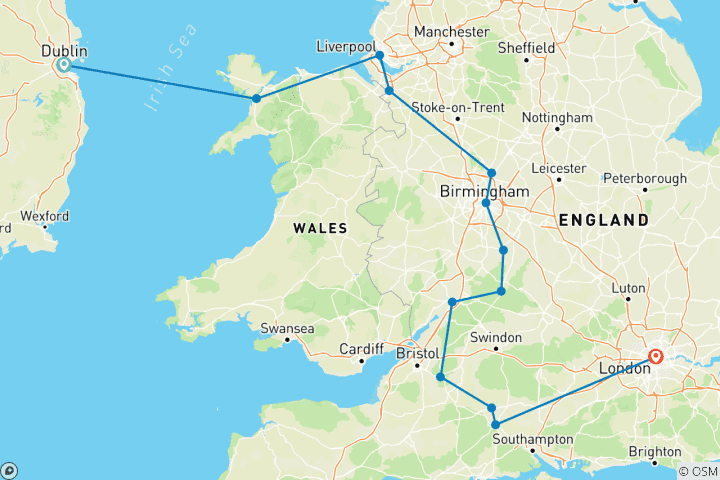 Carte du circuit De Dublin au sud de l'Angleterre (13 destinations)