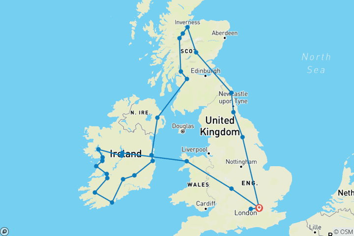Karte von England, Schottland & Irland Rundreise (38 Destinationen)