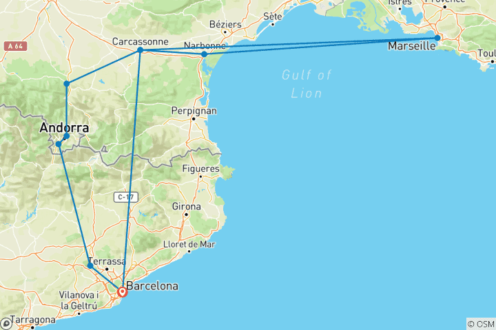 Mapa de Cataluña, el sur de Francia y Andorra (10 destinos)