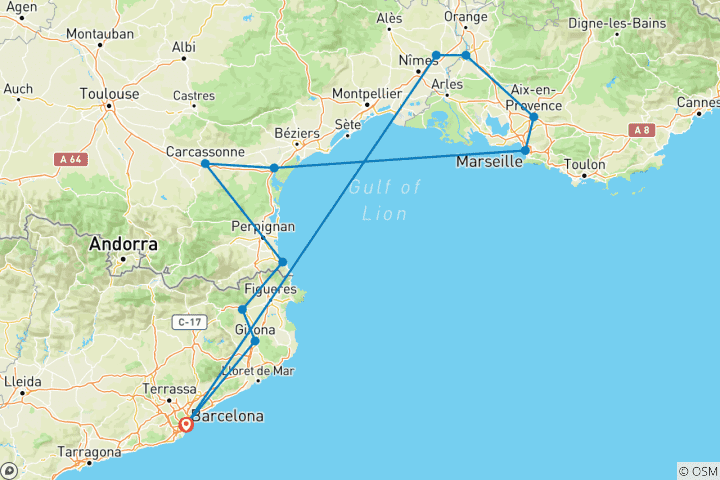Carte du circuit Catalogne, sud de la France et Provence