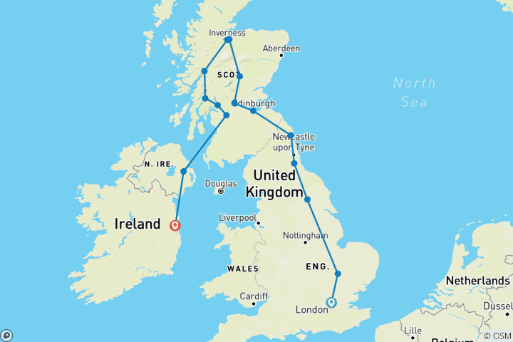 Kaart van Het Verenigd Koninkrijk & Ierland - een uitgebreide reis - eindpunt Dublin