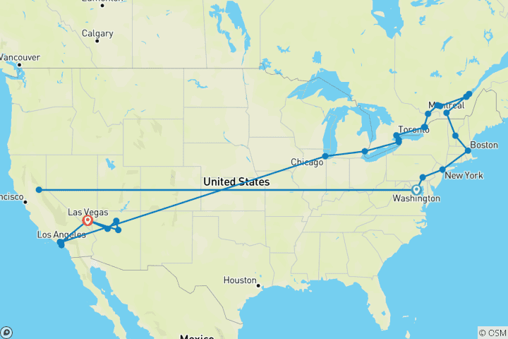Kaart van Van Washington naar Las Vegas (31 bestemmingen)