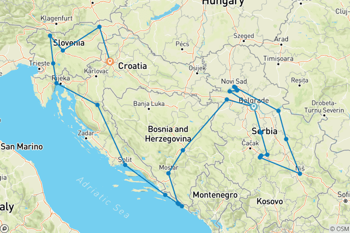 Map of Jewels of Serbia and the Balkans, Ending in Zagreb (including Cavtat)