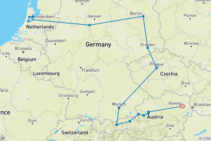 Map of From Amsterdam to Vienna (17 destinations)