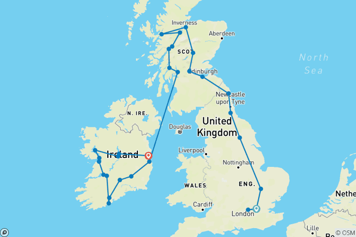 Map of Leisurely United Kingdom and Ireland (39 destinations)