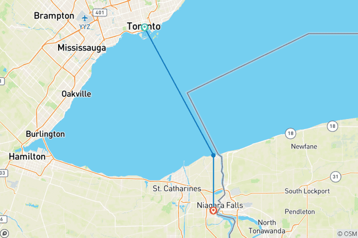 Map of Toronto and Niagara (from Toronto to Niagara Falls)