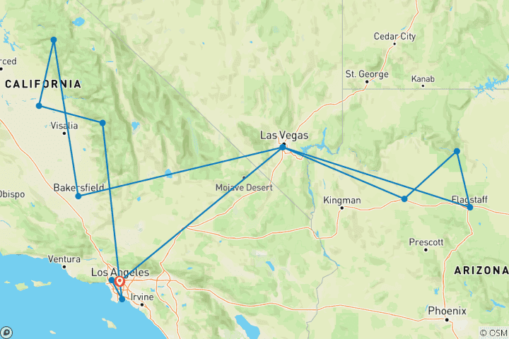 Map of Los Angeles, Las Vegas with National Parks ROT (14 destinations)