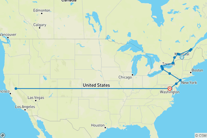 Kaart van Van Montreal naar Washington