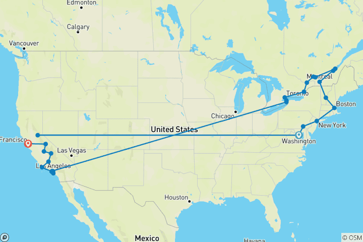 Carte du circuit De Washington à San Francisco