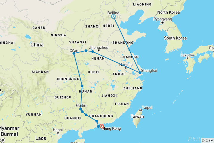 Map of North and South China with the Avatar Trail (13 destinations)