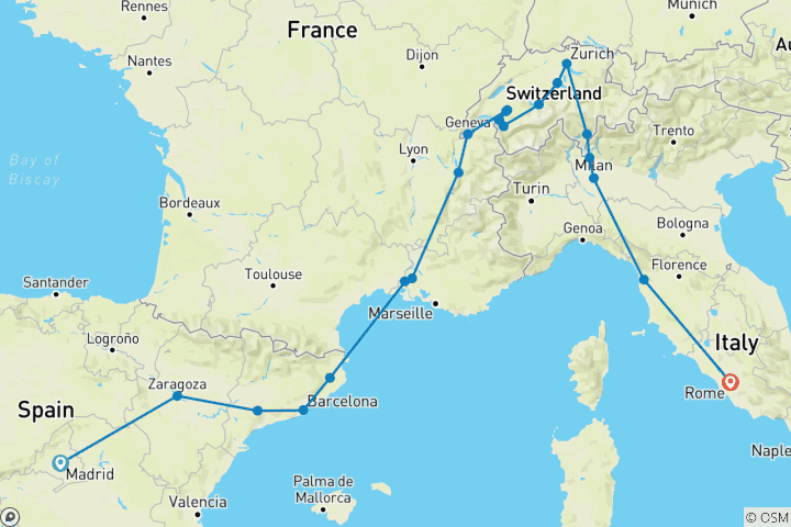 Map of Madrid to Rome (21 destinations)