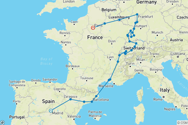 Kaart van Spanje en Zwitserland met Elzas en Zwarte Woud