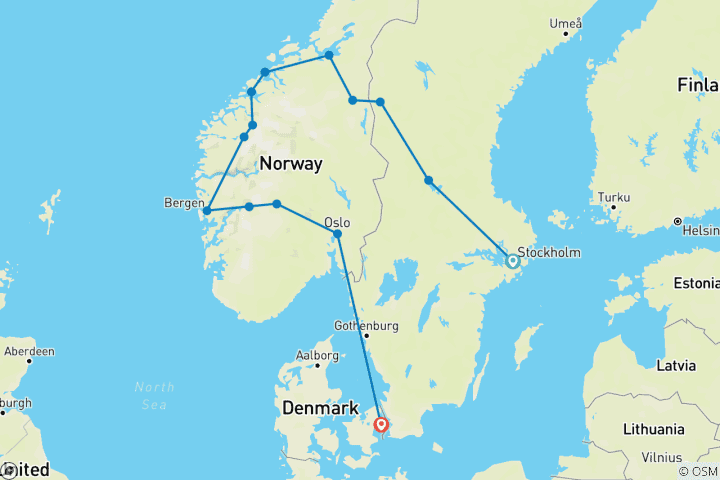 Map of Legendary Fjords End Copenhagen (including Røros)