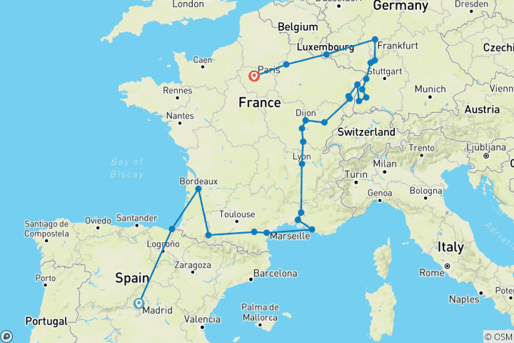 Karte von Spanien, Burgund, Elsass und Schwarzwald (von Madrid bis Paris)
