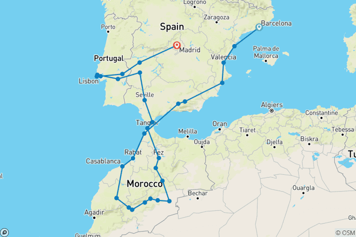Map of Spain, Morocco and Portugal (without Alhambra, 33 destinations)