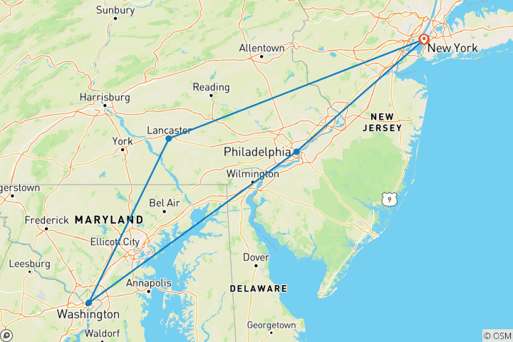 Kaart van Speciale rit van Washington naar New York (5 bestemmingen)