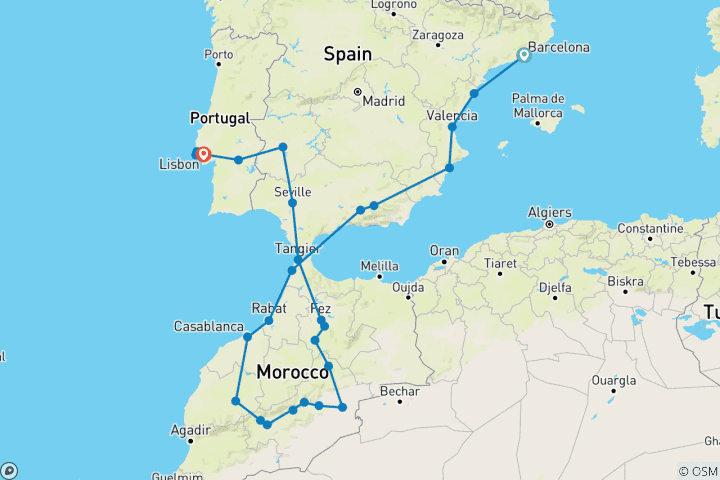 Map of Spain, Morocco and Portugal end Lisbon (29 destinations)