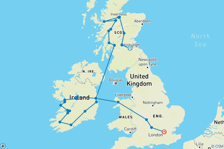 Karte von Schottland und Irland mit London (von Edinburgh nach London, 39 Reiseziele)