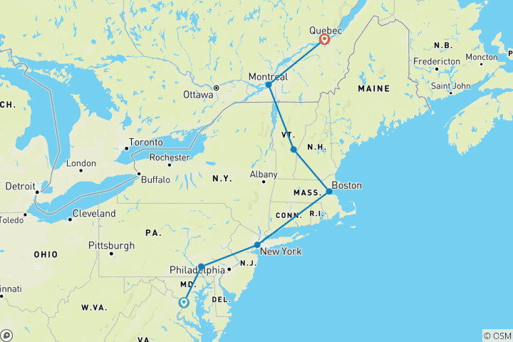 Kaart van Een rondreis langs de oostkust vanuit Washington (7 bestemmingen)
