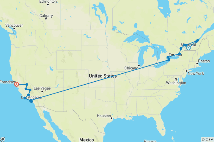 Mapa de Lo mejor de Canadá y los clásicos del Oeste (24 destinos)