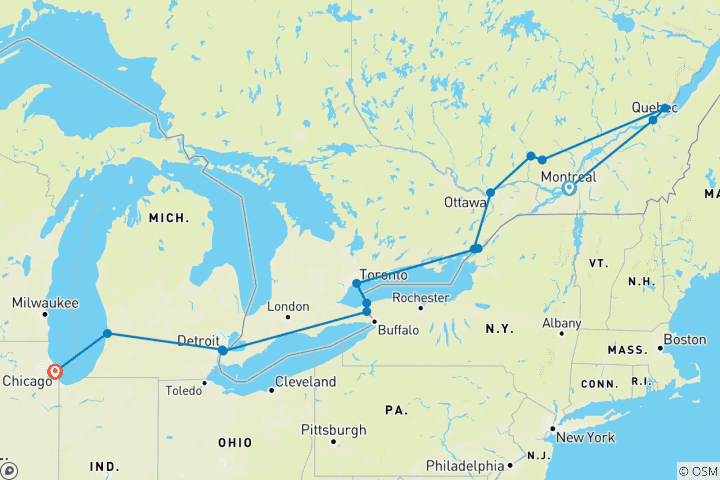 Mapa de Lo mejor de Canadá, Niágara y Chicago (15 destinos)