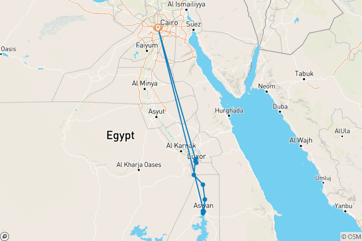 Map of Egypt with 4 Days Nile Cruise (16 destinations)