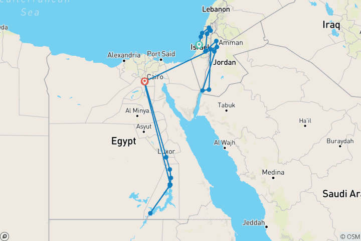 Map of Israel, Jordan and Egypt Nile Jewels (46 destinations)