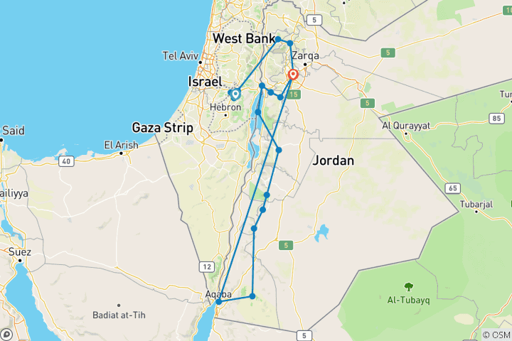 Map of Jerusalem and unforgettable Jordan (21 destinations)