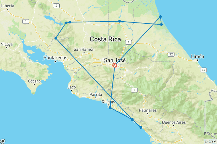 Mapa de Lo mejor de las vacaciones en familia en Costa Rica (14 destinos)