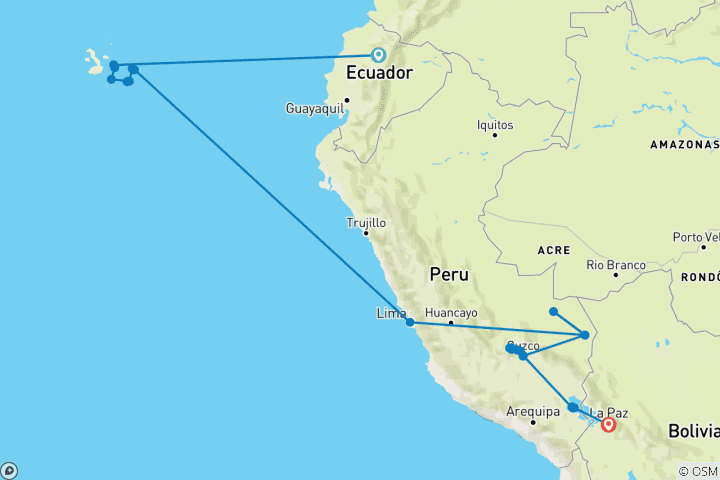 Carte du circuit Croisière aux Galápagos et au Pérou, le pays des Incas (Grand Daphne) (avec l'île Gardner)