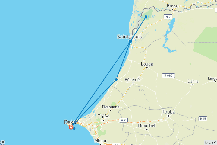 Map of Saint-Louis International Jazz Festival 2027 Tour | 8-Day Senegal Music, Culture & Desert Adventure