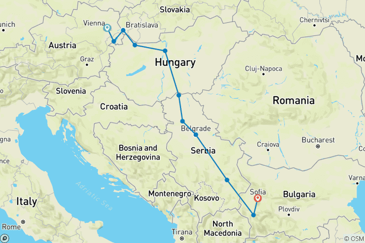 Kaart van Pareltjes van Midden-Europa en de Balkan; semi-privétour met een eigen reisleider en auto
