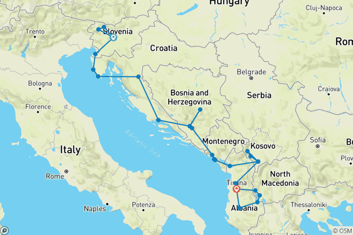 Carte du circuit La côte méditerranéenne et les joyaux des Balkans en 19 jours ; circuit semi-privé avec un accompagnateur dédié et un véhicule privé
