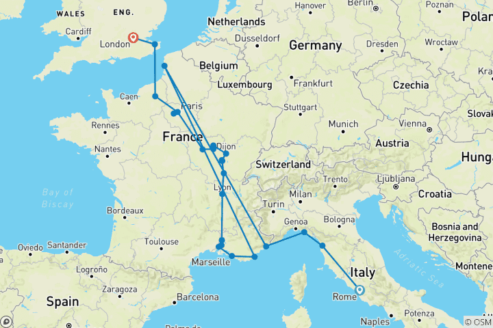 Map of From Italy to France with London