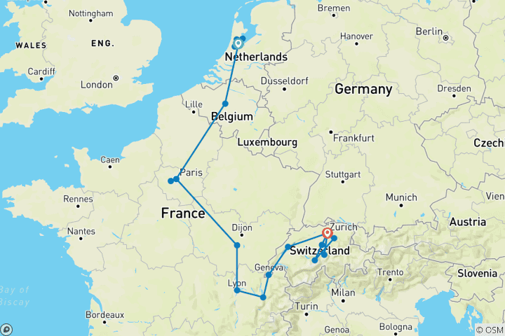 Map of Desired Europe end Zurich (including Mount Titlis)