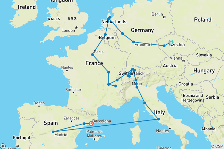 Carte du circuit Les merveilles de l'Europe (38 destinations)