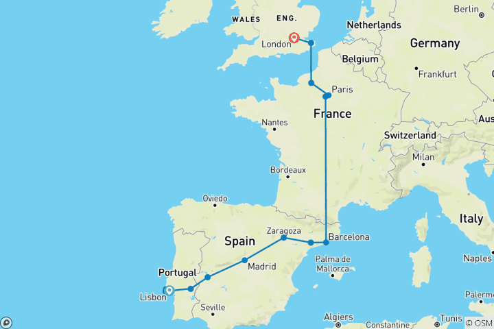 Carte du circuit De Lisbonne à Paris avec Londres