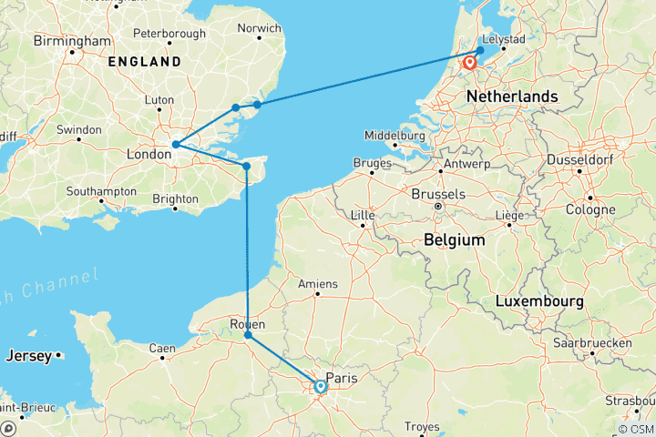 Carte du circuit Paris, Londres et Amsterdam (8 destinations)