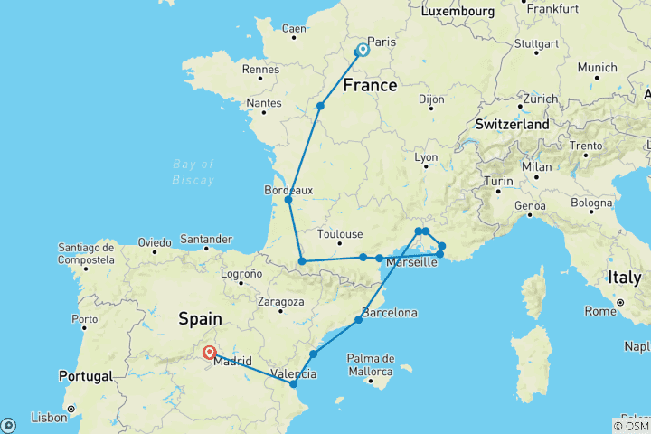 Karte von Paris, Lourdes, Côte d’Azur, Provence und Barcelona sowie Madrid (von Paris nach Madrid)