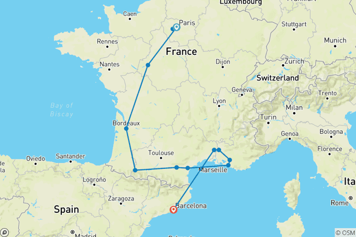 Carte du circuit Paris, Lourdes, la Côte d'Azur, la Provence et Barcelone (13 destinations)