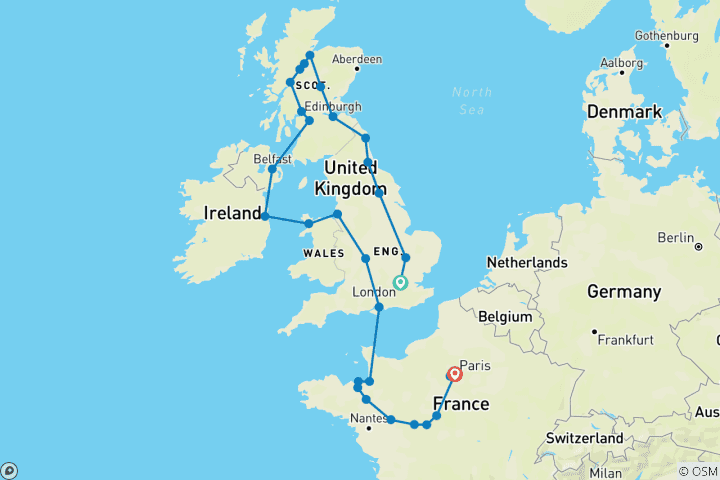 Map of United Kingdom, Ireland and Northern France (33 destinations)