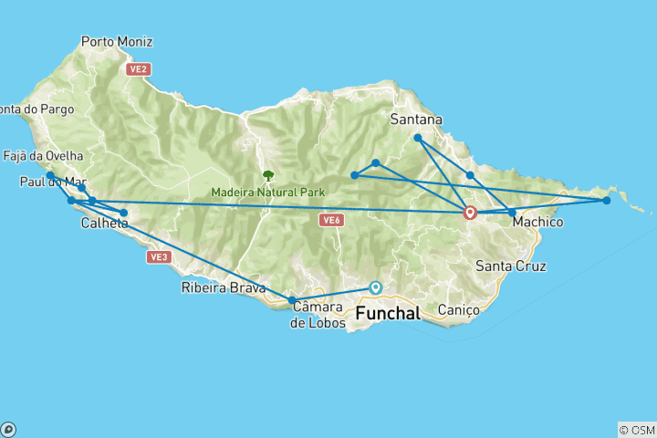 Mapa de Senderismo en Madeira (de Funchal a Santo António da Serra)
