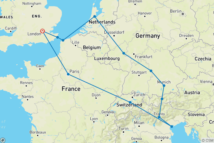 Mapa de European Horizon (hoteles, empezar en Londres, de 27 a 35 años)