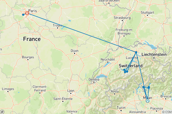 Karte von 10-tägige Entdeckungstour durch Mailand, Zürich und Paris